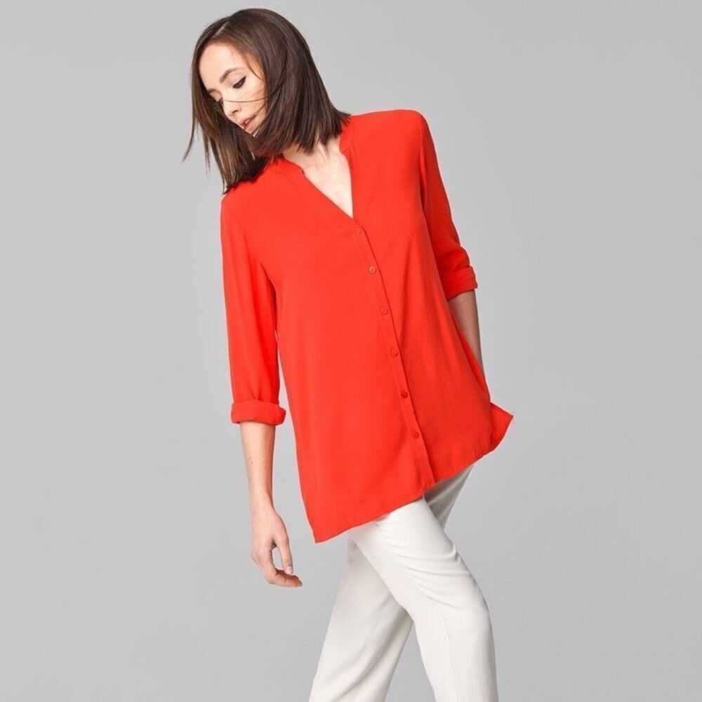 Eileen Fisher Silk Georgette Stand Collar V-Neck Top size Medium